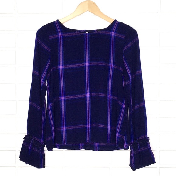 ⚡️$10⚡️Sanctuary | Purple/Blue Plaid Flannel Ruffled-Cuff Top - Picture 4 of 16